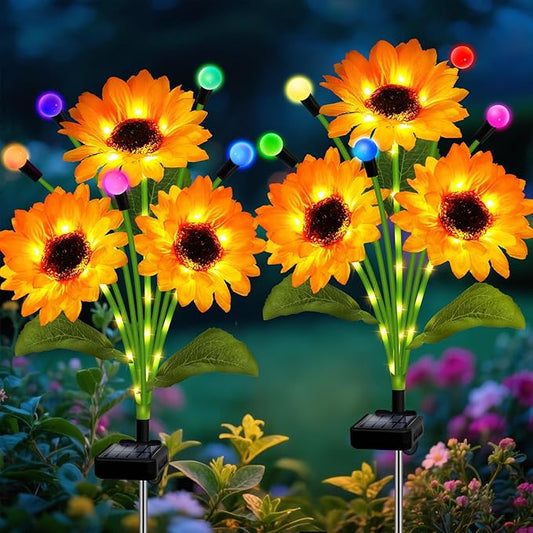 Solar Garden Lights-2 Pack Solar Sunflowers with Multicolor Changing Swaying Firefly Lights,Christmas Birthday Gifts for Mom Women,Waterproof Firefly Sunflower Light for Outdoor Patio Yard Decor