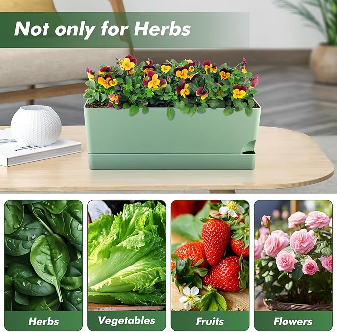 2 Pack Self Watering Pots for Indoor Plants 17 Inches Window Boxes Planters Rectangular Flower Pots Rectangle Herb Pots Large Plant Pots with Drainage Holes and Saucers Windowsill Planter, Green