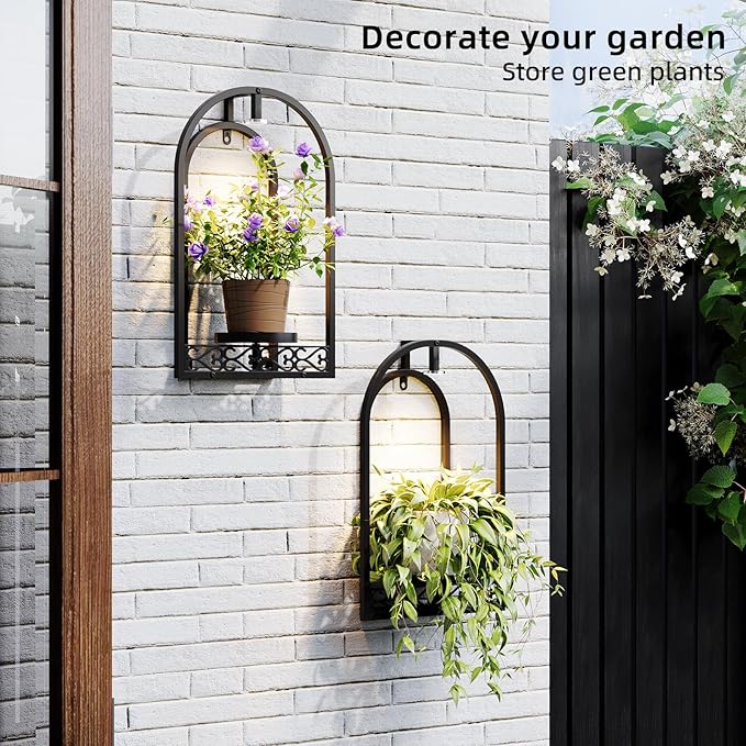 Wall Planter Holder with Light, Metal Arch Frame Hanging Plant Stand with Grow Lights, Modern Black Iron Wall Decor for Indoor Outdoor Living Room, Balcony & Garden 2 Pack Black
