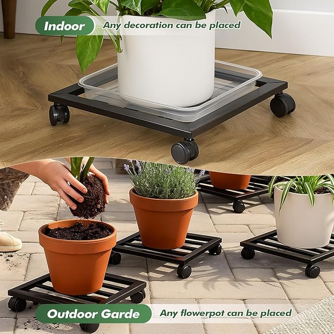 2 Packs 12 inches Large Metal Plant Caddy with PU Wheels Square Planter Dolly Pot Mover Rollers Wrought Iron Rolling Plant Stands Indoor Outdoor Plant Holder Coaster Trolley, Black