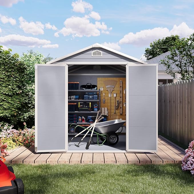 6x8FT Storage Shed Plastic Outdoor Storage Shed Waterproof Container House with Lockable Door and Transparent Window for Garden, Lawn