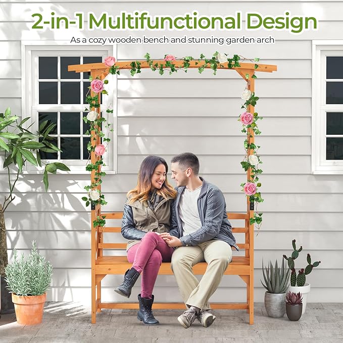 Giantex Garden Arch Trellis with Bench - 63''W x 79''H Wooden Arbor with 2-Person Outdoor Bench, Garden Arbors Archway Pergola for Climbing Plants Rose Wedding Backyard Party Lawn Decor