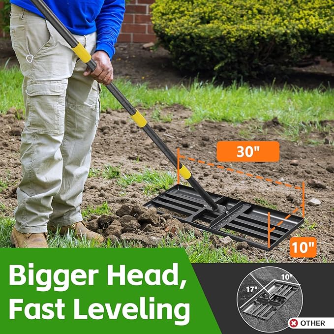 Lawn Leveling Rake 30”x10” Large Heavy Duty Metal Lawn Leveler with 65” Long Adjustable Handle Proffesional Yard Leveling Rake for Soil Dirt Sand Compost Efficient Lawn Leveling Tool