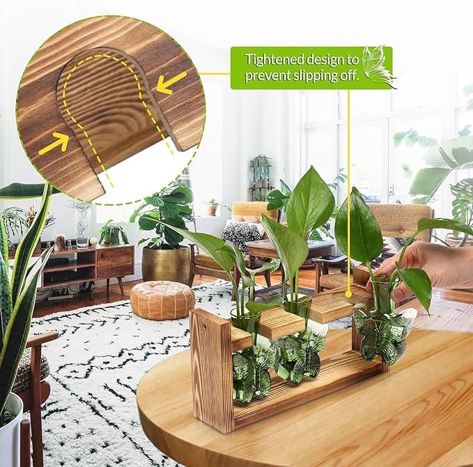 Glass Plant Propagation Station Butterfly Planter Vase with Wooden Stand Birthday Gifts for Women Mom Plant Lovers Office Home Decoration