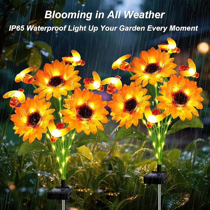 Solar Garden Lights 4 Pack Solar Swaying Bee Lights with Sunflowers, Gifts for Mom Women Mothers Day, Waterproof Firefly Flower Light for Outdoor Decor, Fall Decoration for Patio Yard Landscape