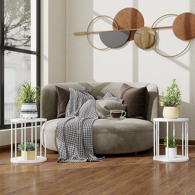 Plant Stand Indoor,small plant stool,Flower Pot Corner stand holder,Mid Century Heavy Duty Metal Tall Home Decor,Modern Round End Table,Small Rustic Display Stand for Living Room,Bedroom(White,2 Packs)