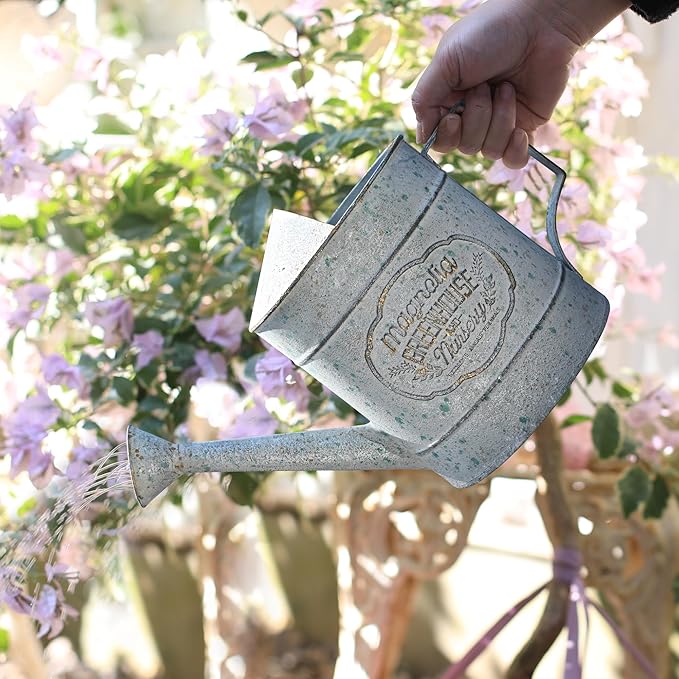 Vintage Metal Watering Can with Magnolia Greenhouse & Nursery Design Garden Decorative Watering Pot Farmhouse Waterer for Home Indoor Outdoor Garden Balcony Courtyard (Gray)
