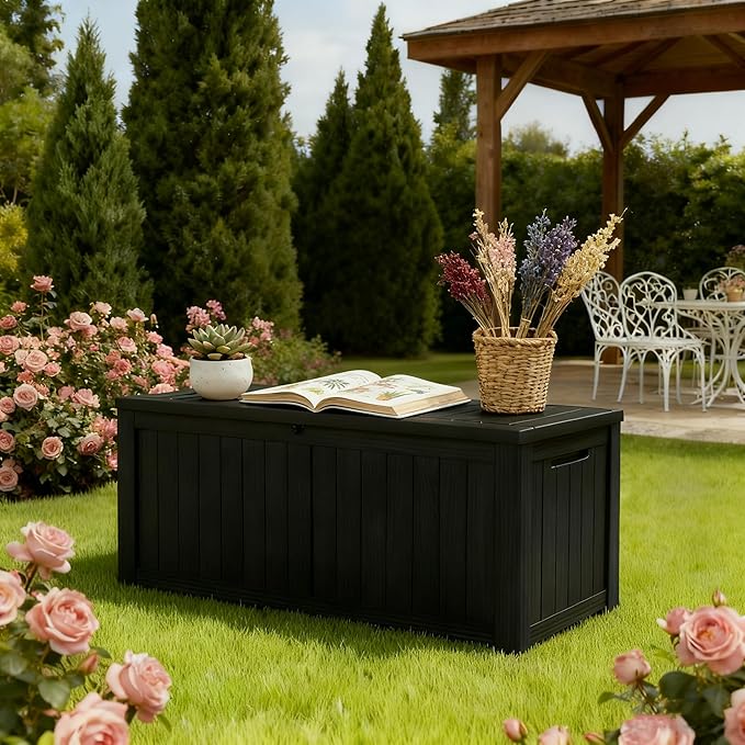 Outdoor Storage Box, Resin Deck Boxes Indoor and outdoor, Waterproof Storage Box Lockable Lid (Black, 150 Gallon)