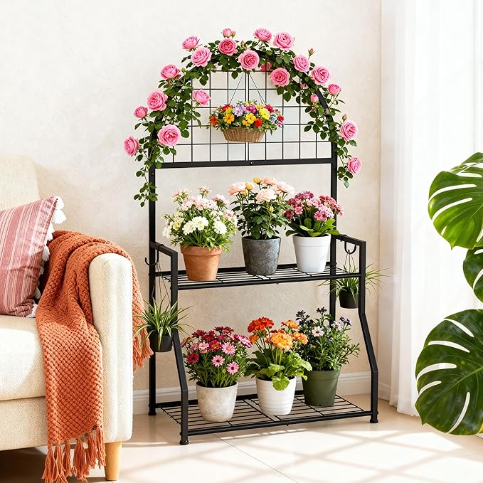 2 Tier Plant Stand Indoor Outdoor, Metal Plant Display Stand Plants Shelf Rack for Multiple Plants, Black Flower Plante Pots Holder for Patio Garden Balcony Living Room