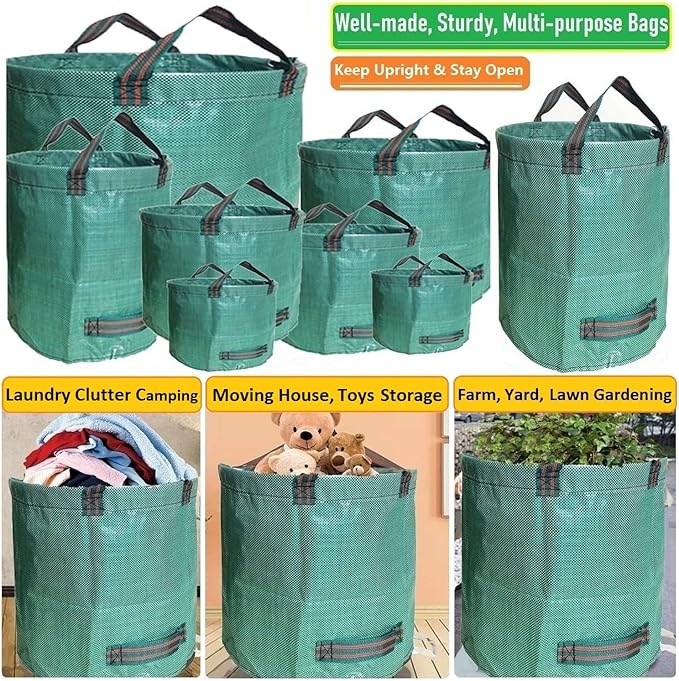 Standard 3-Pack 32 Gallon Lawn Garden Bags (D18,H30 inch) Yard Waste Bags with Gardening Gloves - Reusable Leaf Bags,Yard Debris,Trash Container,Plant Trimmings Bag,Grass Clippings,Weeds Bag 4 Handles