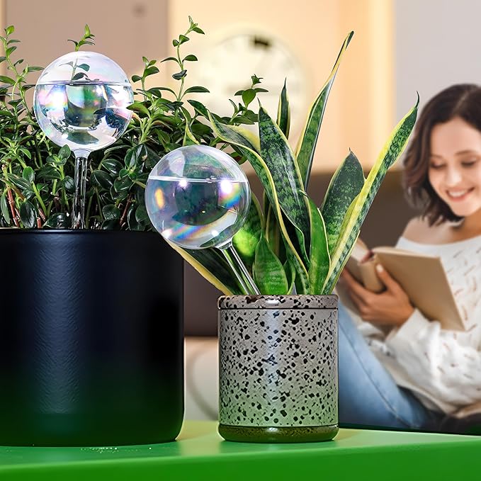 6.4 oz Medium Plant Self Watering Globes, Light Iridescent Glass Water Bulbs for Indoor Plants, Vacation Watering System, Plant Watering Spikes Stakes, Automatic Plant Waterer, 4 Pack