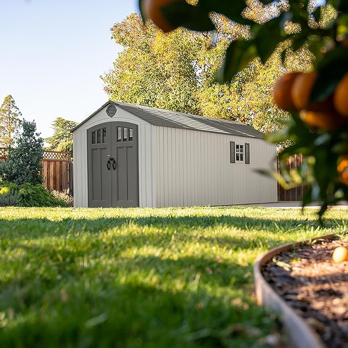 Lifetime Outdoor Storage Shed, 8x20 Ft, Gray, Resin Backyard Tool Shed with Lockable Doors and Weather-Resistant Panels