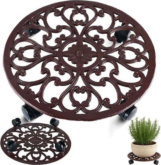 1 Packs 14 Inch Rolling Plant Stand with Wheels Metal Plant Caddy with Wheels Heavy Duty Round Plant Stand Indoor Iron Plants Rollers for Plants, Plant Dolly Brown