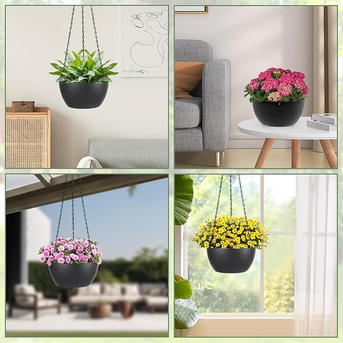 13 inch Hanging Pots with Drainage Holes and Chain, Plastic Hanging Flower Pots for Garden Home Decor, Black