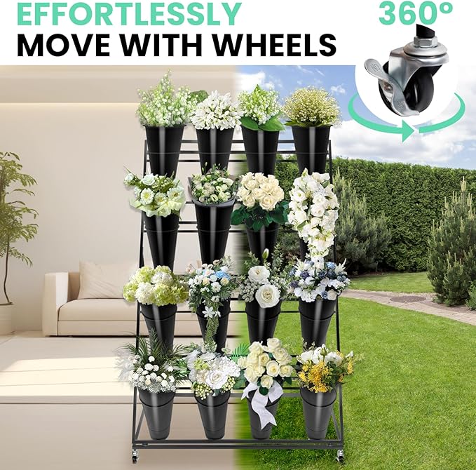 Flower Display Stand with Buckets, 4 Layers 16PCS Buckets Metal Flower Cart Display Stand with Wheels, for Patio Garden, Living Room (4 Layers Black Round Bucket)