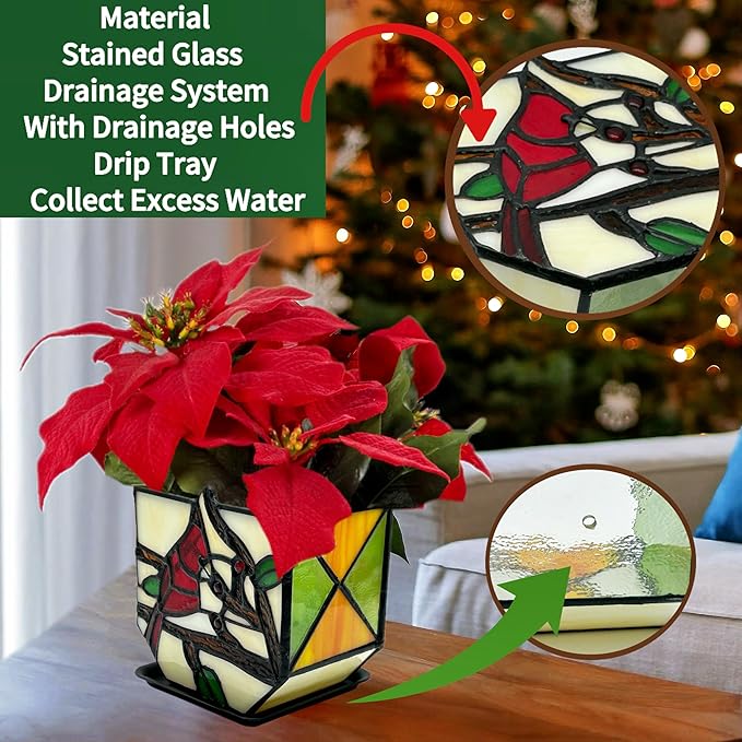 Stained Glass Cardinal Bird Indoor Planter Pot, Decorative Flower Pot with Drainage,Planter Pots for Indoor Plants,Christmas Cardinals Decorations,Cardinal Gifts