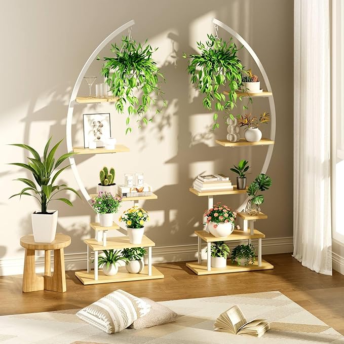 GREENSTELL Plant Stand Indoor with Grow Light, 7-Tiered Tall Metal Plant Stand for Indoor Plants, Half-Moon Shape Display Shelf for Living Room, Balcony, Patio, White (2 Pack)