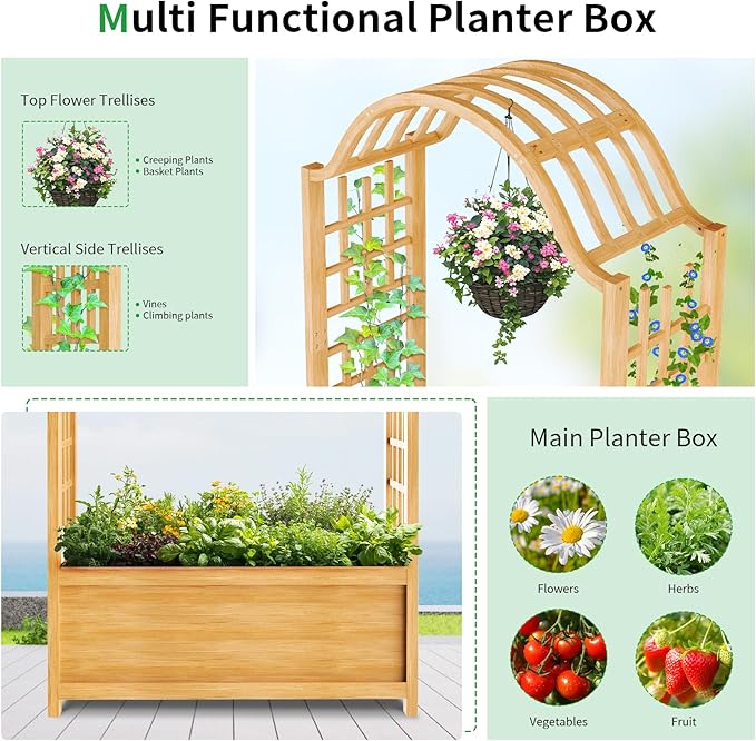 SUNYRISY Raised Garden Bed with Arch Trellis, Wooden Outdoor Vertical Planter Box for Climbing Plant Vine Flowers Vegetables, Planter Raised Bed with Hanging Roof and Drainage Holes