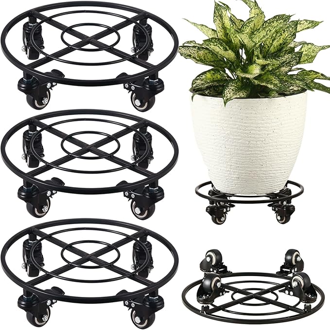 3 Packs Metal Plant Caddy with Wheels 12" Large Rolling Plant Stands Heavy-Duty Wrought Iron Plant Dolly Plant Rollers Planter Mover with Metal Casters, Strong Load Capacity