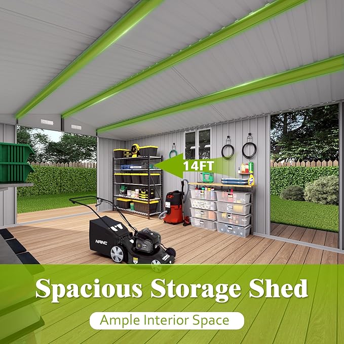 10x14 FT Outdoor Storage Shed,Metal Shed W/ 3 Lockable Doors & Window,Garden Tool House W/ 4 Air Vents & Sloped Roof,All Weather Waterproof for Backyard,Patio,Lawn,Grey