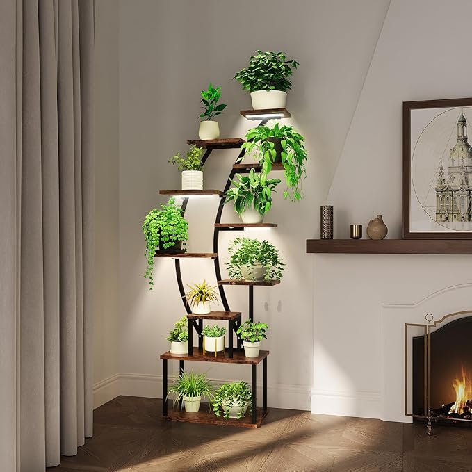 ROOMTEC Plant Stand Indoor with Grow Lights, 9 Tiered Indoor Plant Stand, 63" Metal Plant Shelf, Tall Plant Stands Indoor Multiple Stands for Living Room, Patio