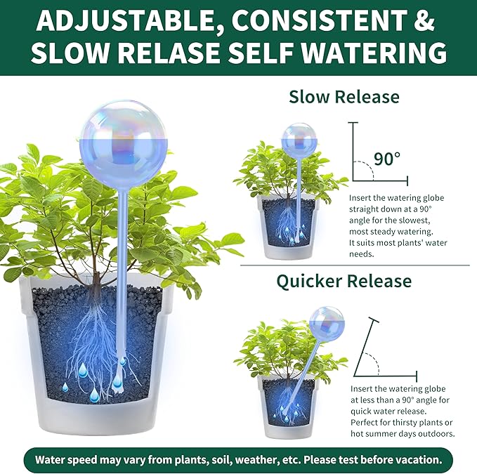 6.4 oz Medium Plant Self Watering Globes, Light Iridescent Glass Water Bulb for Indoor Plants Vacation Use, Automatic Plant Waterer, Watering Spikes Stakes, Perfect Gardening Gifts, 2 Pack