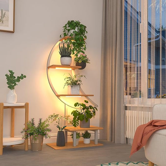 YOLENY Indoor Plant Stand with Grow Lights, Tall Corner Shelf for Multiple Plants, 47" Metal Rack with Hanging Hook for Living Room, Balcony, Patio