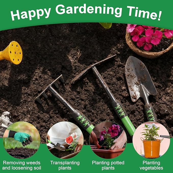 Garden Tool Set, 4 Pack Gardening Tools, Stainless Steel Heavy Duty Hand Cultivator, Hoes, Shovel, for Planting Weeding Digging, Gardening Gifts for Women, Green