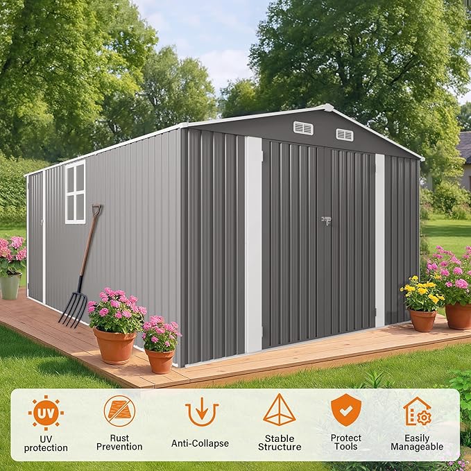 10x14 FT Outdoor Storage Shed,Metal Shed W/ 3 Lockable Doors & Window,Garden Tool House W/ 4 Air Vents & Sloped Roof,All Weather Waterproof for Backyard,Patio,Lawn,Grey