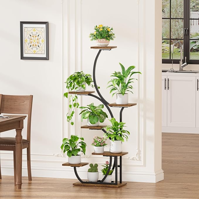 Plant Stand Indoor with Grow Lights - Lighted Indoor Plant Shelf, 57" 7 Tier Corner Plant Stands for Indoor Growing, Tall Flower Display Shelf, Metal S-Shaped Holder for Living Room, Bedroom, Black