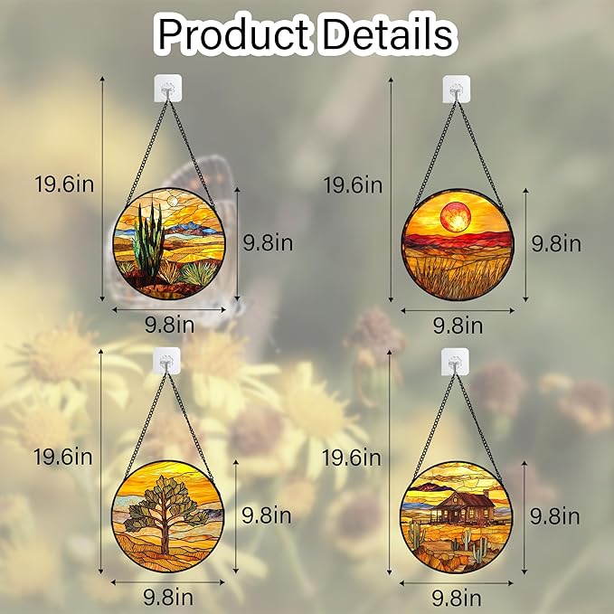 Stained Glass Window Hanging 4 Pcs Set Desert Sunset Theme Landscape 9.8" - Suncatcher Door Garden Sun Catcher Decor Birthday Christmas for Mom Woman Nana Men