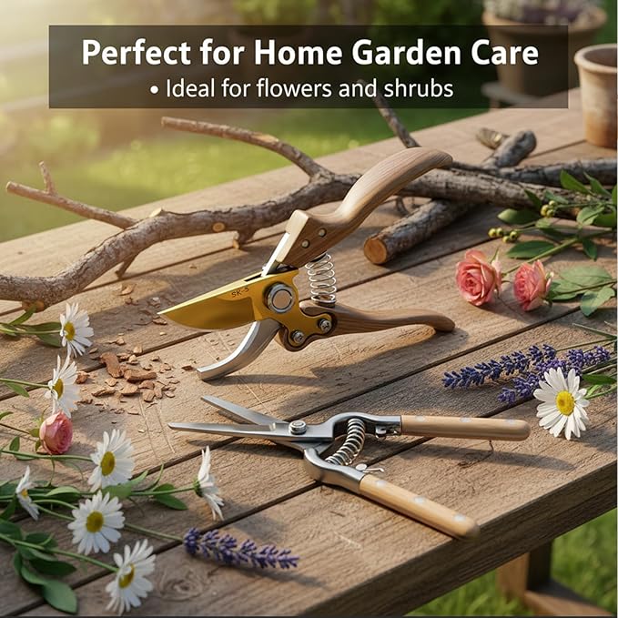2 Pack Garden Pruning Shears, Heavy Duty Garden Scissors & Clippers for Wood & Tree Trimming, Safety Lock, for Cutting Flowers, Trimming Plants, Picking Fruits (Gold)