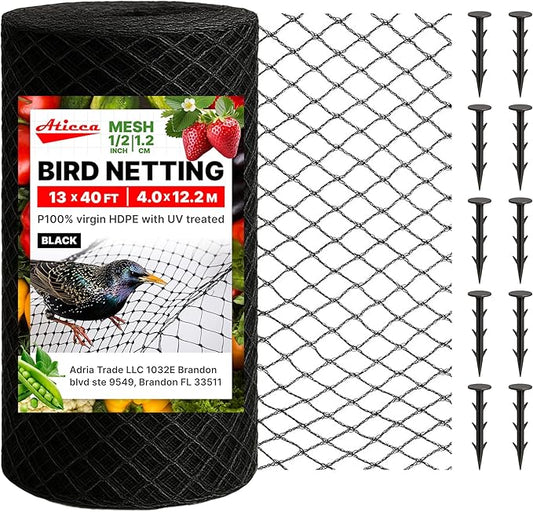 Heavy Duty Bird Netting for Garden Protection & Fruit Trees, 13x40 Ft with 10 Stakes – Black Anti-Bird Net for Poultry, Deer, & Squirrel Protection, Durable Nylon Mesh for Garden and Yard Use
