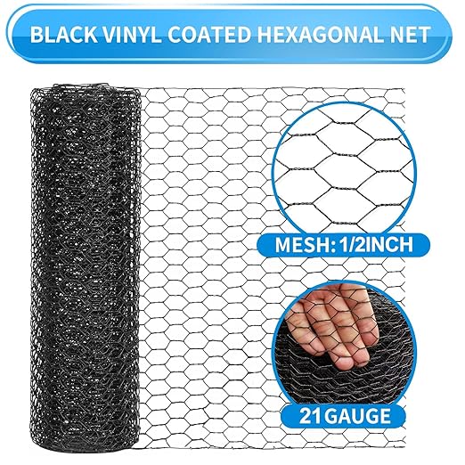 1/2 Inch Black Wire Mesh Roll - 12'' x 50' Chicken Wire Fence, 21 Gauge Hardware Cloth Poultry Netting for Garden/Animal Barrier/Rabbit/Floral/Chicken Coop/DIY Projects