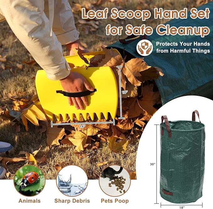 Leaf Rake 18” Wide Heavy Duty Metal 25 Tines Garden Rake Set with 30-90” Adjustable Long Handle for Yard Grass Shrub Mulch Including 32Gallon Garden Bag Leaf Scoops