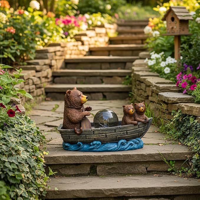 Solar Bears Boating Statue with Ball Light 5" Resin Bear Figurines Waterproof Bear Decorations for Home Yard Patio Porch Balcony Best Garden Gifts for Women Mothers Grandmothers Sisters
