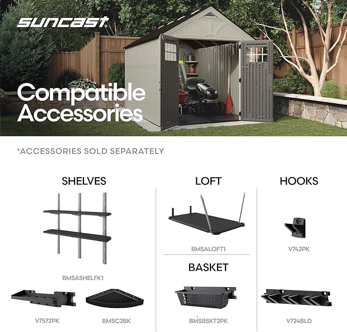 Suncast 8x10 Ft. Outdoor Storage Shed - Large Resin Outdoor Shed with Floor Included, Lockable Double Doors & Skylights. 547 Cu Ft Tremont Garden Plastic Sheds for Lawn Tools, Riding Mowers, & Bikes