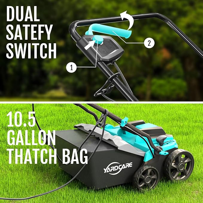 14-Inch Lawn Scarifier and Dethatcher, Powerful 13-Amp Electric Tool with 10.5 Gal Collection Bag, Adjustable Depth Settings & Safety Lock System