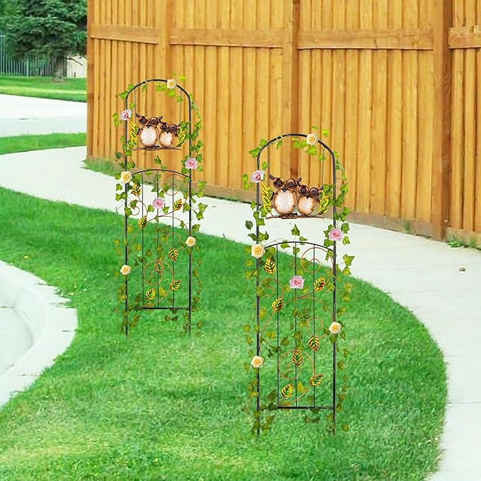 Solar-Powered Iron Plant Trellis with Lights,Voumsil Outdoor Garden Climbing Plant Support, Weatherproof Metal Stake for Vine Roses, Decorative Solar Lighting for Patio, Yard (Metallic Color 2 PCS)
