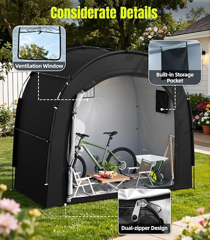Housolution Bike Storage Tent Shed for 5 Bikes, Outdoor Portable 210D Oxford Thick PU4000 Waterproof Bike Cover with Ventilated Window, Bike Tent Fit for Bicycle, Lawn Mower, Garden Tools