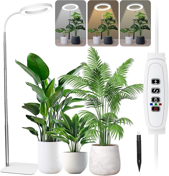 Grow Lights for Indoor Plants - Full Spectrum LED Halo Growing Lamp with Base & Groud Stake, Height Adjustable (16-67"), 3CCT, 10 Dimming, 3H/9H/12H Auto Timer - White (NO Adapter)