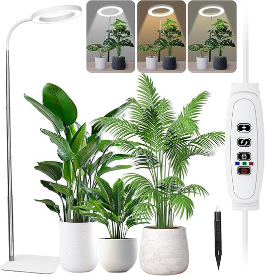 Grow Lights for Indoor Plants - Full Spectrum LED Halo Growing Lamp with Base & Groud Stake, Height Adjustable (16-67"), 3CCT, 10 Dimming, 3H/9H/12H Auto Timer - White (NO Adapter)