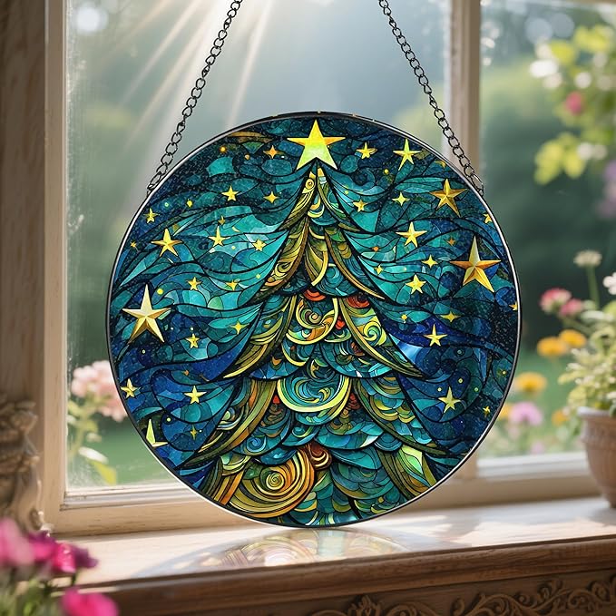 8-Inch Christmas Tree Suncatcher Ornament, Stained Glass Window Hanging & Stained Glass Holiday Ornament, Sun Catcher Window Decor — Keepsake Gift for Family, Coworkers & Friends, Gifts for Christmas