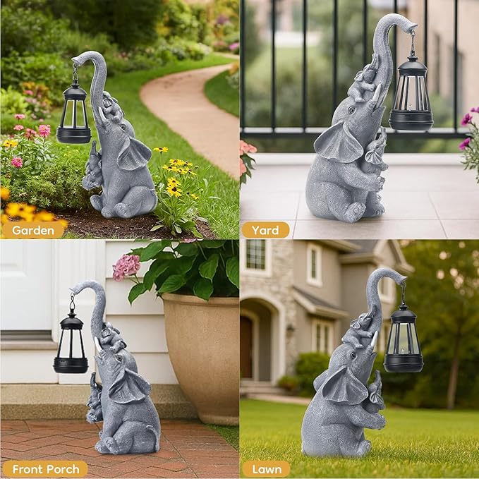 Solar Outdoor Garden Decor, Elephant Statue with Lantern for Patio, Yard Ornament and Lawn Decoration, Birthday Housewarming Gift for Mom, Wife, Gardeners