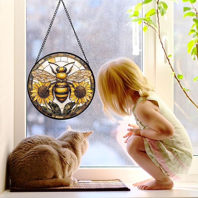 Stained Glass Window Hanging - Bee Sunflower Yellow Suncatcher Ready to Hang Window Doors Home Decoration and Christmas, Mother's Day Birthday Gifts for Women, Men, and Mom 9.8x9.8 in