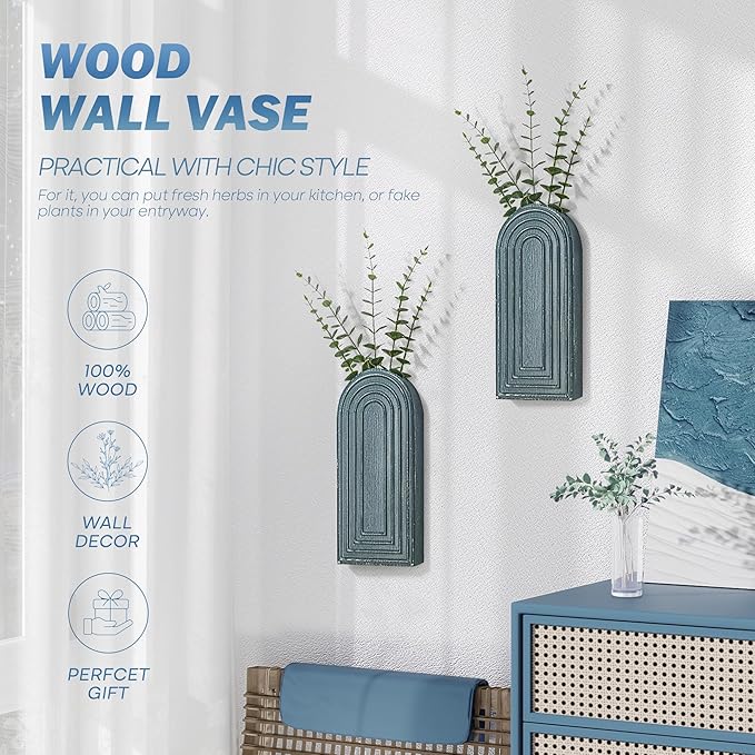 EOSAHR Pine Wood Wall Vases Set of 2 – Boho Decor Wall Planters for Indoor Plants & Flowers – Farmhouse Hanging Vases for House Decorations Living Room, Bedroom, Kitchen & Office (Denim Blue)