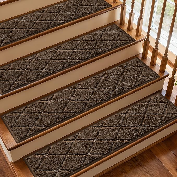 JOENIE Non-Slip Edging Stair Treads Carpet Mat 30inX8in Indoor Stair Runners for Wooden Steps, Edging Stair Rugs for Kids and Dogs, 100% Polyester TPR Backing (Brown, 12pc)