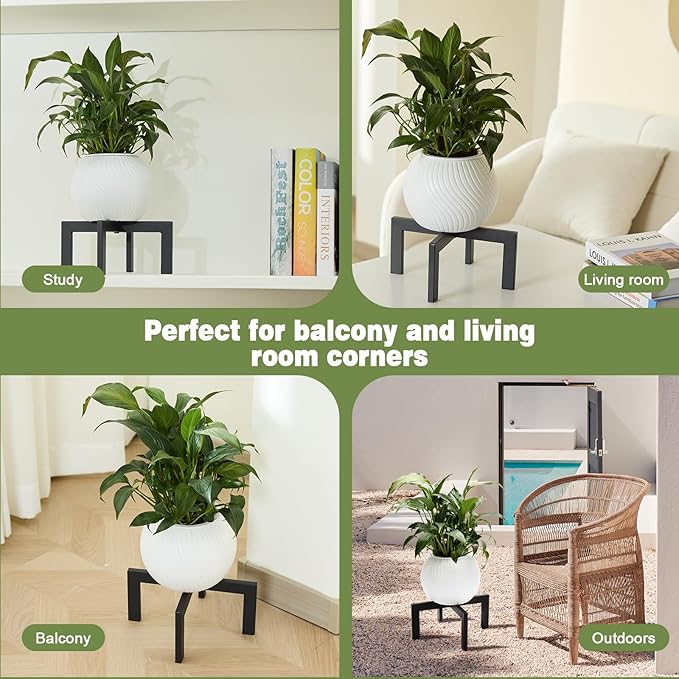 Heavy-Duty Metal Plant Stands Indoor Outdoor, 2/3 Pack Modern Plant Holder & Rattan Stool - Low Short Black Plant Stands Fit 5-12 Inch Pots (Plant Not Included) (2Pcs)