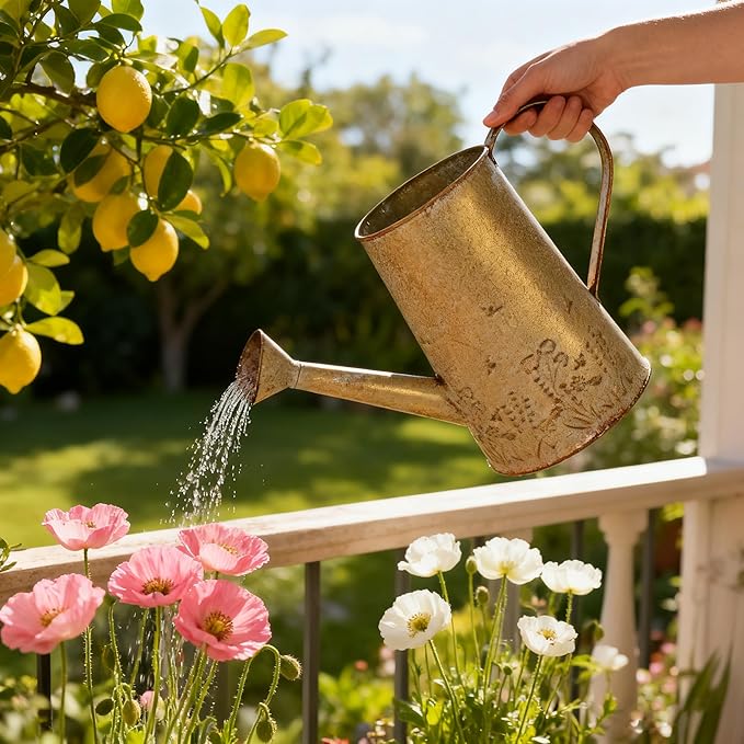 Vintage Metal Watering Can with Floral Embossed Design Garden Distressed Gold Decorative Watering Pot Planter Farmhouse Waterer for Home Indoor Outdoor Garden Balcony Courtyard