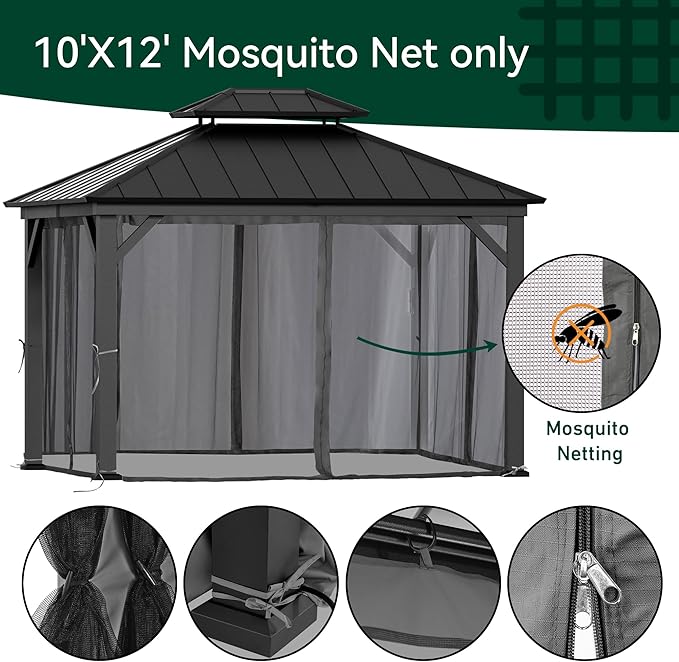 Gazebo Mosquito Netting Replacement Universal 4-Panel Sidewalls 10' x 12', Outdoor Gazebo Mosquito Nettings with Double Zipper, Replacement for Patio, Garden, Grey (Mosquito Net Only)